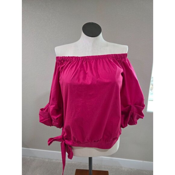Women's Off-Shoulder Fuchsia Top With Ruched Sleeves & Side Tie New York and Com - Picture 2 of 6